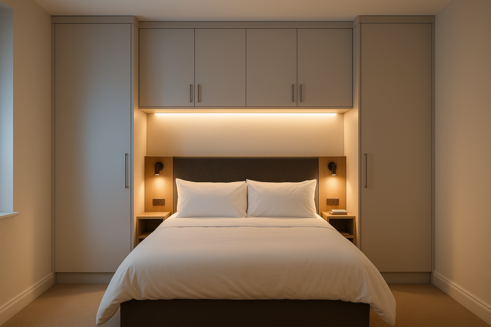 fitted wardrobes with bed in the middle